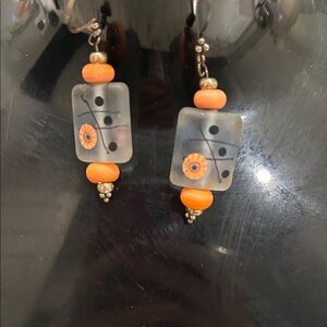 Frosted Rectangular Drop Earrings with Orange Accents